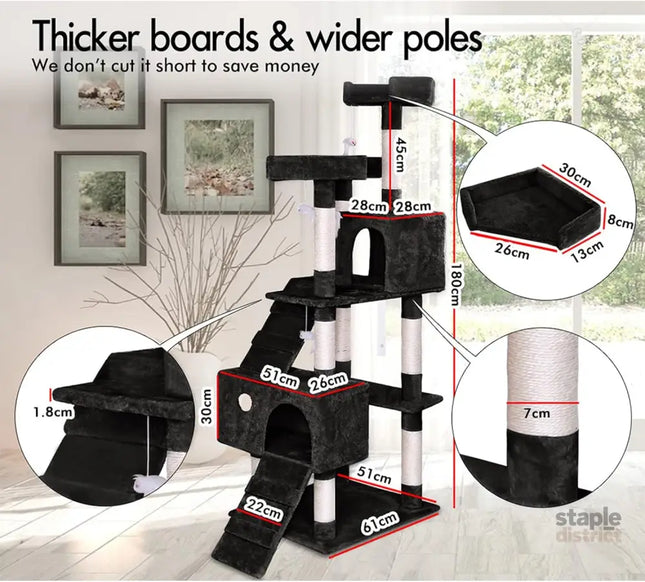 CARLA HOME 180cm Cat Tree Tower for Indoor Cats with Dual Condos, Plush Perches, Sisal Scratching Posts & Ramps for Kittens & Adult Cats (Beige)-2050057518314557442