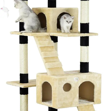 CARLA HOME 180cm Cat Tree Tower for Indoor Cats with Dual Condos, Plush Perches, Sisal Scratching Posts & Ramps for Kittens & Adult Cats (Beige)-2050057518314557440