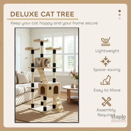 CARLA HOME 180cm Cat Tree Tower for Indoor Cats with Dual Condos, Plush Perches, Sisal Scratching Posts & Ramps for Kittens & Adult Cats (Beige)-2050057518314557443