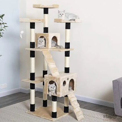 CARLA HOME 180cm Cat Tree Tower for Indoor Cats with Dual Condos, Plush Perches, Sisal Scratching Posts & Ramps for Kittens & Adult Cats (Beige)-2050057518314557441