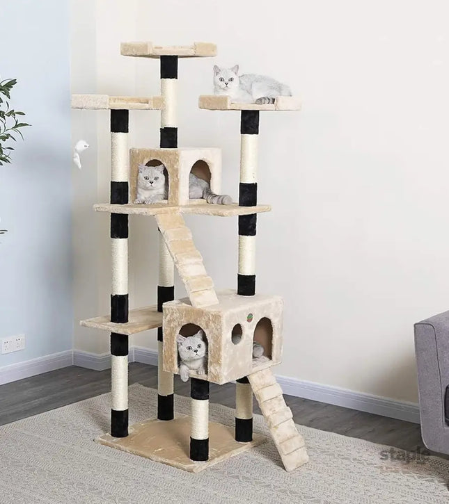 CARLA HOME 180cm Cat Tree Tower for Indoor Cats with Dual Condos, Plush Perches, Sisal Scratching Posts & Ramps for Kittens & Adult Cats (Beige)-2050057518314557441