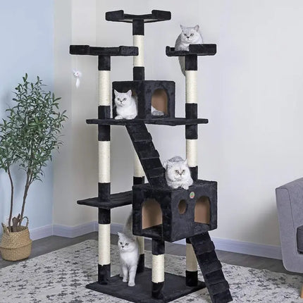 CARLA HOME 180cm Cat Tree Tower for Indoor Cats with Dual Condos, Plush Perches, Sisal Scratching Posts & Ramps for Kittens & Adult Cats (Black)-2050057518109036545
