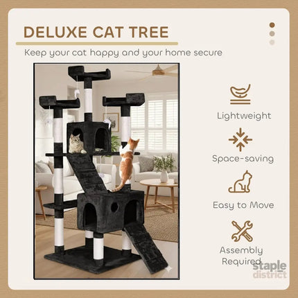 CARLA HOME 180cm Cat Tree Tower for Indoor Cats with Dual Condos, Plush Perches, Sisal Scratching Posts & Ramps for Kittens & Adult Cats (Black)-2050057518109036547