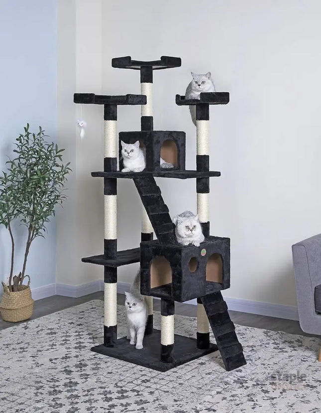 CARLA HOME 180cm Cat Tree Tower for Indoor Cats with Dual Condos, Plush Perches, Sisal Scratching Posts & Ramps for Kittens & Adult Cats (Black)-2050057518109036545
