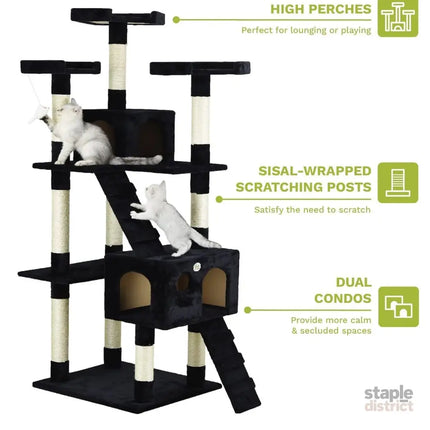 CARLA HOME 180cm Cat Tree Tower for Indoor Cats with Dual Condos, Plush Perches, Sisal Scratching Posts & Ramps for Kittens & Adult Cats (Black)-2050057518109036548