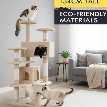 CARLA HOME 180cm Cat Tree Tower for Indoor Cats with Plush Perches, Dual Condos, Natural Sisal Scratching Posts & Ramp for Kittens & Adult Cats (Beige)-2050057519598014465