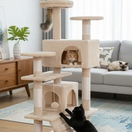 CARLA HOME 180cm Cat Tree Tower for Indoor Cats with Plush Perches, Dual Condos, Natural Sisal Scratching Posts & Ramp for Kittens & Adult Cats (Beige)-2050057519598014472