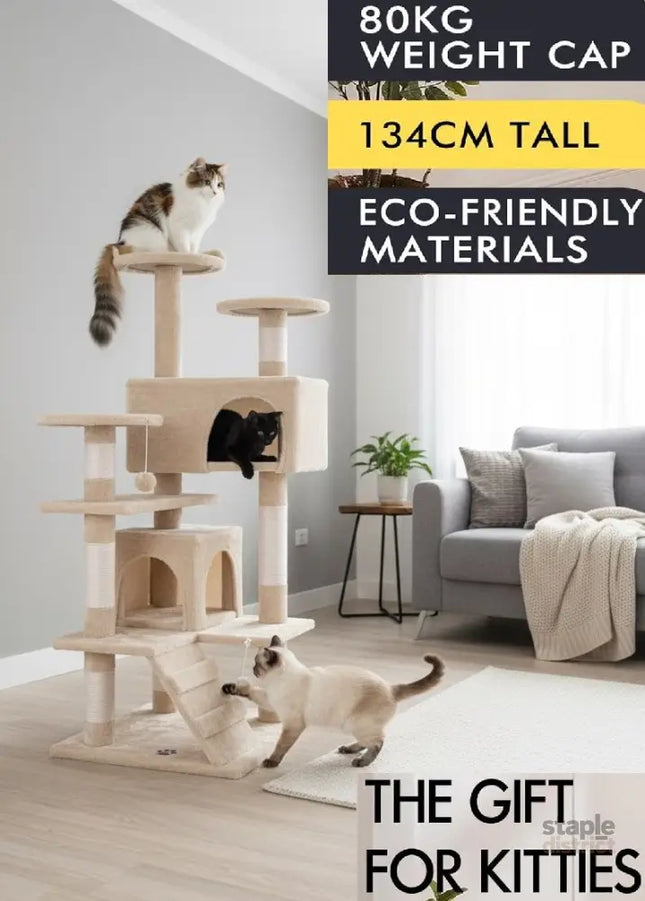 CARLA HOME 180cm Cat Tree Tower for Indoor Cats with Plush Perches, Dual Condos, Natural Sisal Scratching Posts & Ramp for Kittens & Adult Cats (Beige)-2050057519598014465