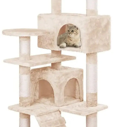 CARLA HOME 180cm Cat Tree Tower for Indoor Cats with Plush Perches, Dual Condos, Natural Sisal Scratching Posts & Ramp for Kittens & Adult Cats (Beige)-2050057519598014464