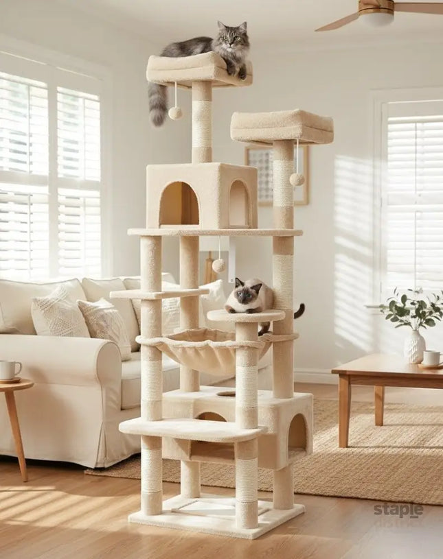 CARLA HOME 180cm Cat Tree Tower for Indoor Cats with Plush Perches, Dual Condos, Natural Sisal Scratching Posts & Ramps for Kittens & Adult Cats (Beige)-2050057518767542273