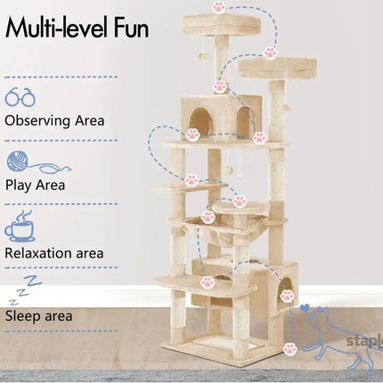 CARLA HOME 180cm Cat Tree Tower for Indoor Cats with Plush Perches, Dual Condos, Natural Sisal Scratching Posts & Ramps for Kittens & Adult Cats (Beige)-2050057518767542276
