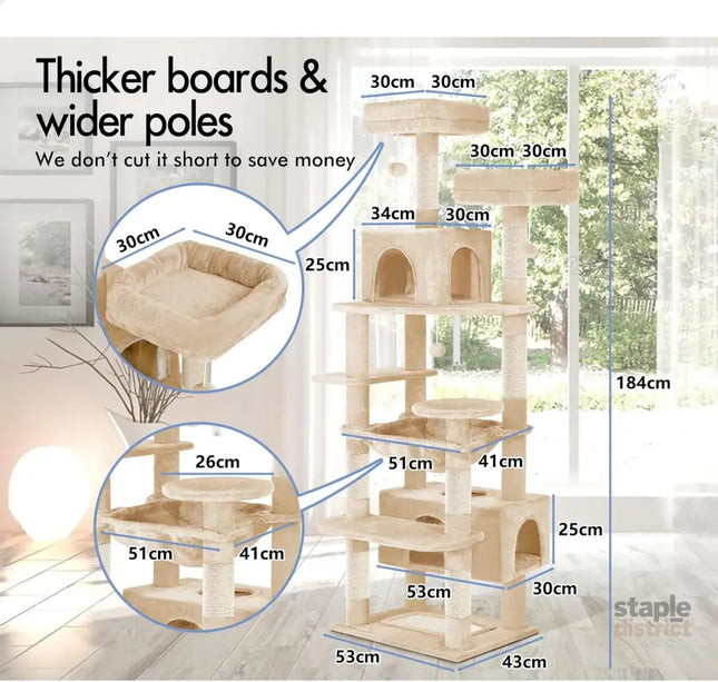 CARLA HOME 180cm Cat Tree Tower for Indoor Cats with Plush Perches, Dual Condos, Natural Sisal Scratching Posts & Ramps for Kittens & Adult Cats (Beige)-2050057518767542274