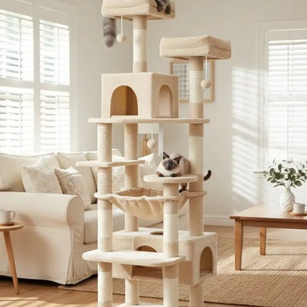 CARLA HOME 180cm Cat Tree Tower for Indoor Cats with Plush Perches, Dual Condos, Natural Sisal Scratching Posts & Ramps for Kittens & Adult Cats (Beige)-2050057518767542273