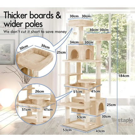CARLA HOME 180cm Cat Tree Tower for Indoor Cats with Plush Perches, Dual Condos, Natural Sisal Scratching Posts & Ramps for Kittens & Adult Cats (Beige)-2050057518767542274
