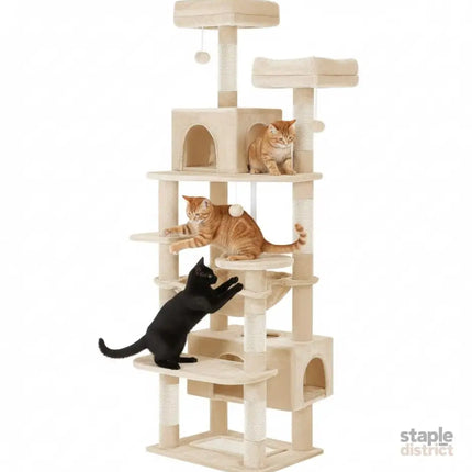 CARLA HOME 180cm Cat Tree Tower for Indoor Cats with Plush Perches, Dual Condos, Natural Sisal Scratching Posts & Ramps for Kittens & Adult Cats (Beige)-2050057518767542272