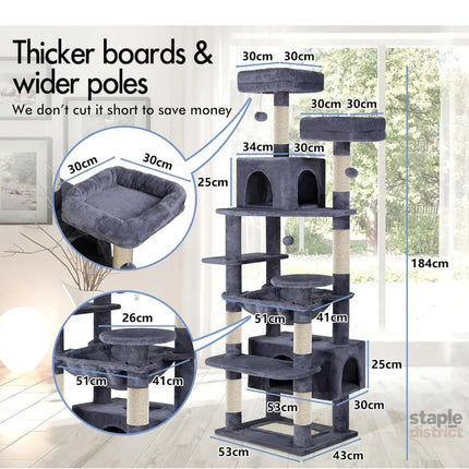 CARLA HOME 180cm Cat Tree Tower for Indoor Cats with Plush Perches, Dual Condos, Natural Sisal Scratching Posts & Ramps for Kittens & Adult Cats (Grey)-2050057518541049858