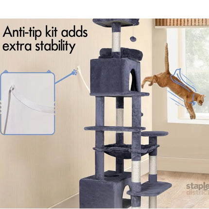 CARLA HOME 180cm Cat Tree Tower for Indoor Cats with Plush Perches, Dual Condos, Natural Sisal Scratching Posts & Ramps for Kittens & Adult Cats (Grey)-2050057518541049861