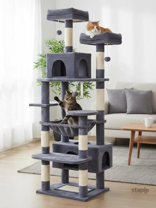 CARLA HOME 180cm Cat Tree Tower for Indoor Cats with Plush Perches, Dual Condos, Natural Sisal Scratching Posts & Ramps for Kittens & Adult Cats (Grey)-2050057518541049857