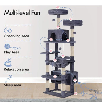 CARLA HOME 180cm Cat Tree Tower for Indoor Cats with Plush Perches, Dual Condos, Natural Sisal Scratching Posts & Ramps for Kittens & Adult Cats (Grey)-2050057518541049860
