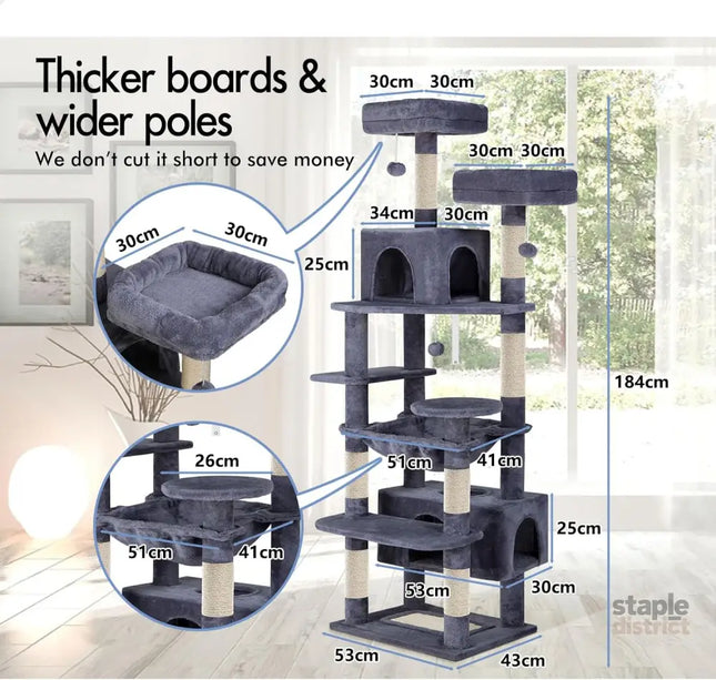 CARLA HOME 180cm Cat Tree Tower for Indoor Cats with Plush Perches, Dual Condos, Natural Sisal Scratching Posts & Ramps for Kittens & Adult Cats (Grey)-2050057518541049858