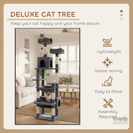CARLA HOME 180cm Cat Tree Tower for Indoor Cats with Plush Perches, Dual Condos, Natural Sisal Scratching Posts & Ramps for Kittens & Adult Cats (Grey)-2050057518541049859