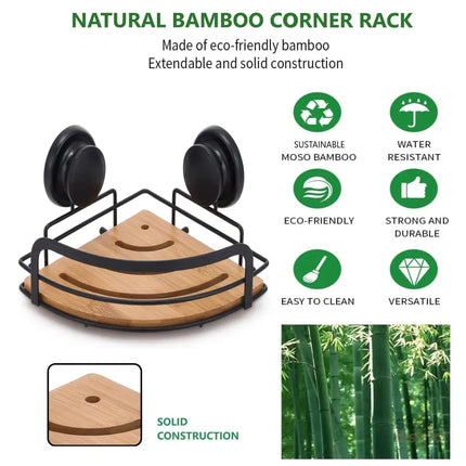 CARLA HOME  2 Pack Round Bamboo Corner Shower Caddy Shelf Basket Rack with Premium Vacuum Suction Cup No-Drilling for Bathroom and Kitchen-2042061554609950726