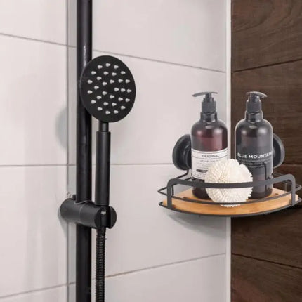 CARLA HOME  2 Pack Round Bamboo Corner Shower Caddy Shelf Basket Rack with Premium Vacuum Suction Cup No-Drilling for Bathroom and Kitchen-2042061554609950721