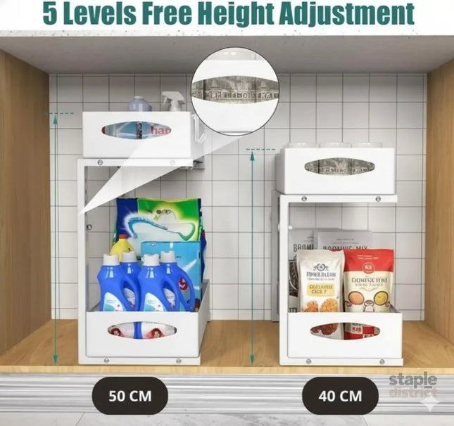 CARLA HOME 2 Pack Under Sink Organizer Pull Out Sliding Cabinet Storage Shelf with Height Adjustable for Kitchen, Bathroom or Laundry Room (White)-2050057514736816129