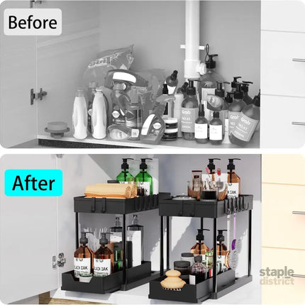 CARLA HOME 2 Pack Under Sink Organizer with Pull-Out Basket and Hooks for Bathroom & Kitchen-2050057508449554436