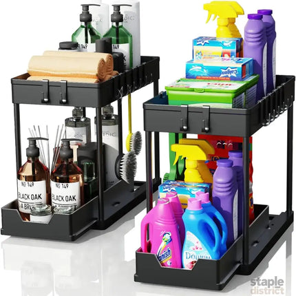 CARLA HOME 2 Pack Under Sink Organizer with Pull-Out Basket and Hooks for Bathroom & Kitchen-2050057508449554432