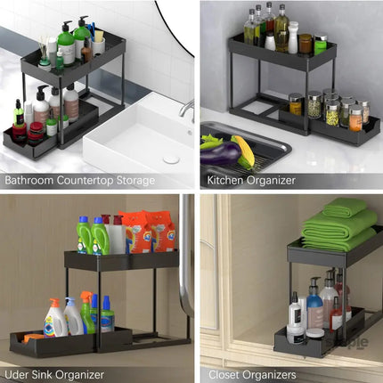 CARLA HOME 2 Pack Under Sink Organizer with Pull-Out Basket and Hooks for Bathroom & Kitchen-2050057508449554434