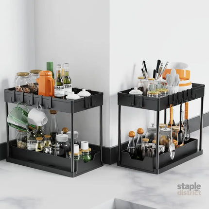 CARLA HOME 2 Pack Under Sink Organizer with Pull-Out Basket and Hooks for Bathroom & Kitchen-2050057508449554435