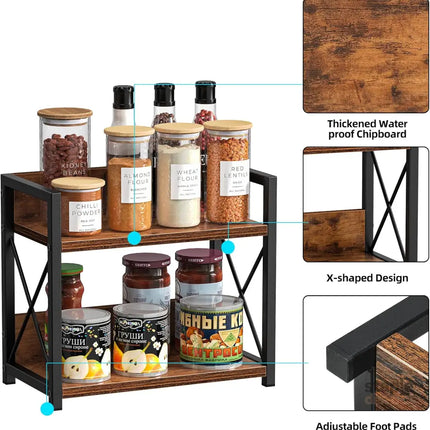 CARLA HOME 2-Tier Countertop Shelf Organizer Rustic Wood Kitchen Spice Rack for Storage, Condiments & Cabinet Organization-2042061539841806339