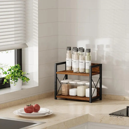 CARLA HOME 2-Tier Countertop Shelf Organizer Rustic Wood Kitchen Spice Rack for Storage, Condiments & Cabinet Organization-2042061539841806341