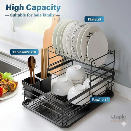 CARLA HOME 2-Tier Dish Drying Rack for Kitchen Counter with Removable Drip Tray, Utensil Holder and Cutlery Organizer (Black)-2050057500035780610