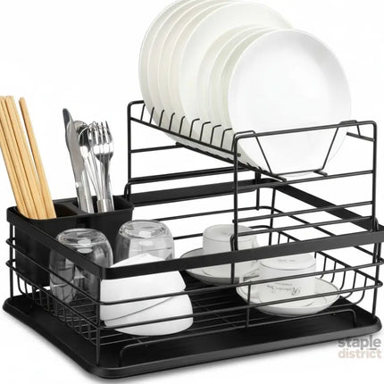 CARLA HOME 2-Tier Dish Drying Rack for Kitchen Counter with Removable Drip Tray, Utensil Holder and Cutlery Organizer (Black)-2050057500035780608