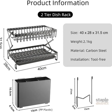 CARLA HOME 2-Tier Dish Drying Rack with Drainage Tray, Utensil Holder, Cup Hooks & Cutting Board Rack for Kitchen (Black)-2042061539464318977
