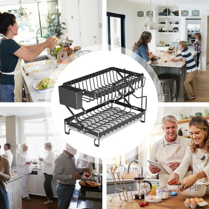 CARLA HOME 2-Tier Dish Drying Rack with Drainage Tray, Utensil Holder, Cup Hooks & Cutting Board Rack for Kitchen (Black)-2042061539464318984