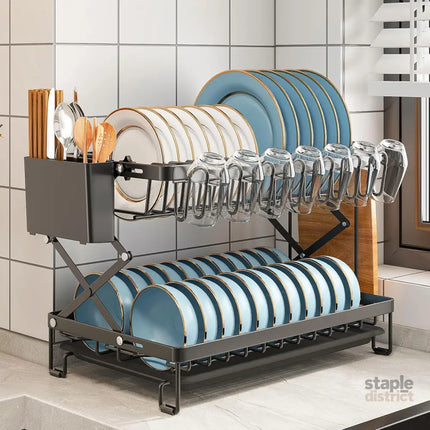 CARLA HOME 2-Tier Dish Drying Rack with Drainage Tray, Utensil Holder, Cup Hooks & Cutting Board Rack for Kitchen (Black)-2042061539464318978