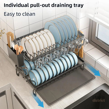 CARLA HOME 2-Tier Dish Drying Rack with Drainage Tray, Utensil Holder, Cup Hooks & Cutting Board Rack for Kitchen (Black)-2042061539464318980