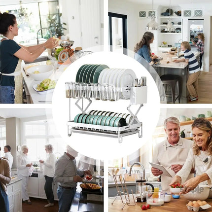 CARLA HOME 2-Tier Dish Drying Rack with Drainage Tray, Utensil Holder, Cup Hooks & Cutting Board Rack for Kitchen (White)-2042061539657256968