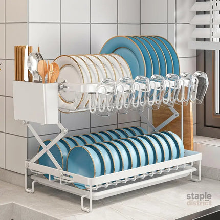 CARLA HOME 2-Tier Dish Drying Rack with Drainage Tray, Utensil Holder, Cup Hooks & Cutting Board Rack for Kitchen (White)-2042061539657256962
