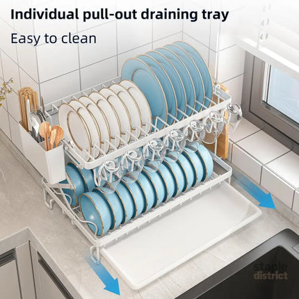 CARLA HOME 2-Tier Dish Drying Rack with Drainage Tray, Utensil Holder, Cup Hooks & Cutting Board Rack for Kitchen (White)-2042061539657256964