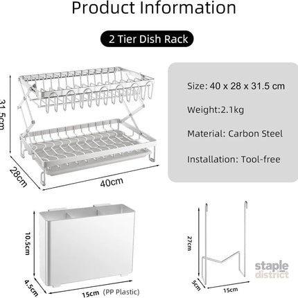 CARLA HOME 2-Tier Dish Drying Rack with Drainage Tray, Utensil Holder, Cup Hooks & Cutting Board Rack for Kitchen (White)-2042061539657256961