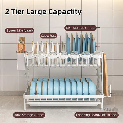 CARLA HOME 2-Tier Dish Drying Rack with Drainage Tray, Utensil Holder, Cup Hooks & Cutting Board Rack for Kitchen (White)-2042061539657256963