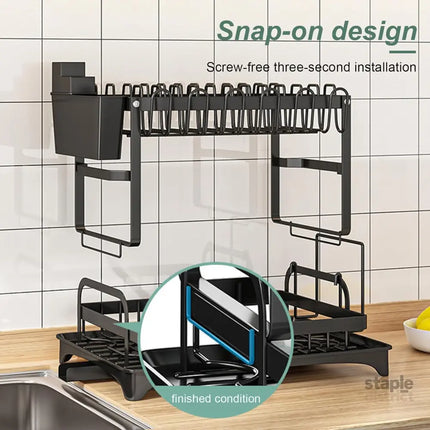 CARLA HOME 2-Tier Dish Drying Rack with Drainage Tray, Utensil Holder, Cup Hooks & Cutting Board Slot for Countertop Kitchen Storage (Black)-2042061535609753604