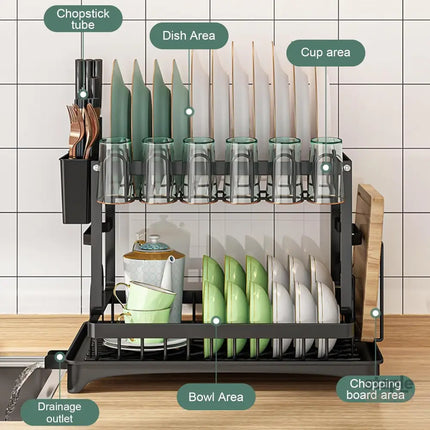 CARLA HOME 2-Tier Dish Drying Rack with Drainage Tray, Utensil Holder, Cup Hooks & Cutting Board Slot for Countertop Kitchen Storage (Black)-2042061535609753603