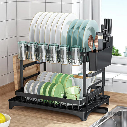 CARLA HOME 2-Tier Dish Drying Rack with Drainage Tray, Utensil Holder, Cup Hooks & Cutting Board Slot for Countertop Kitchen Storage (Black)-2042061535609753600