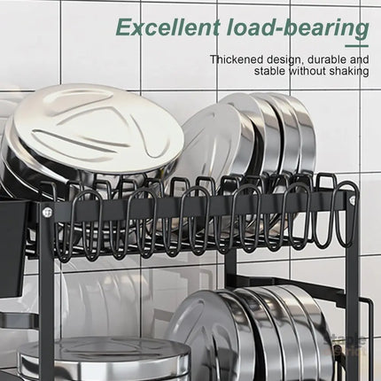 CARLA HOME 2-Tier Dish Drying Rack with Drainage Tray, Utensil Holder, Cup Hooks & Cutting Board Slot for Countertop Kitchen Storage (Black)-2042061535609753606