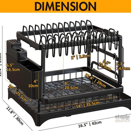CARLA HOME 2-Tier Dish Drying Rack with Drainage Tray, Utensil Holder, Cup Hooks & Cutting Board Slot for Countertop Kitchen Storage (Black)-2042061535609753601